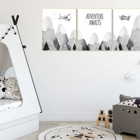 Nursery decor gender neutral, mountain nursery, gray nursery, adventure nursery, travel theme