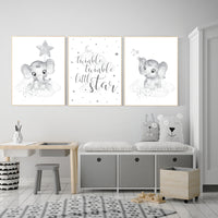 Nursery wall art grey, gray nursery, elephant, twinkle twinkle little star, gender neutral nursery