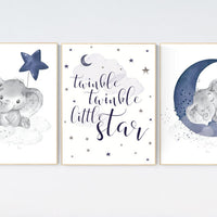 Nursery decor elephant, navy nursery decor, twinkle twinkle little star, moon and stars, navy blue nursery art. baby room, elephant nursery