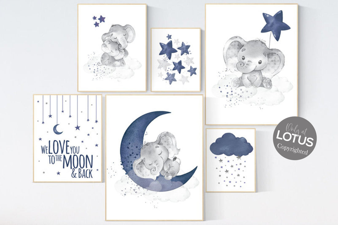 Nursery decor boy elephant, nursery wall art boy, navy Blue, navy nursery