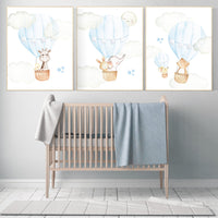 Nursery decor boy adventure, blue nursery, hor air balloon, woodland animals, elephant