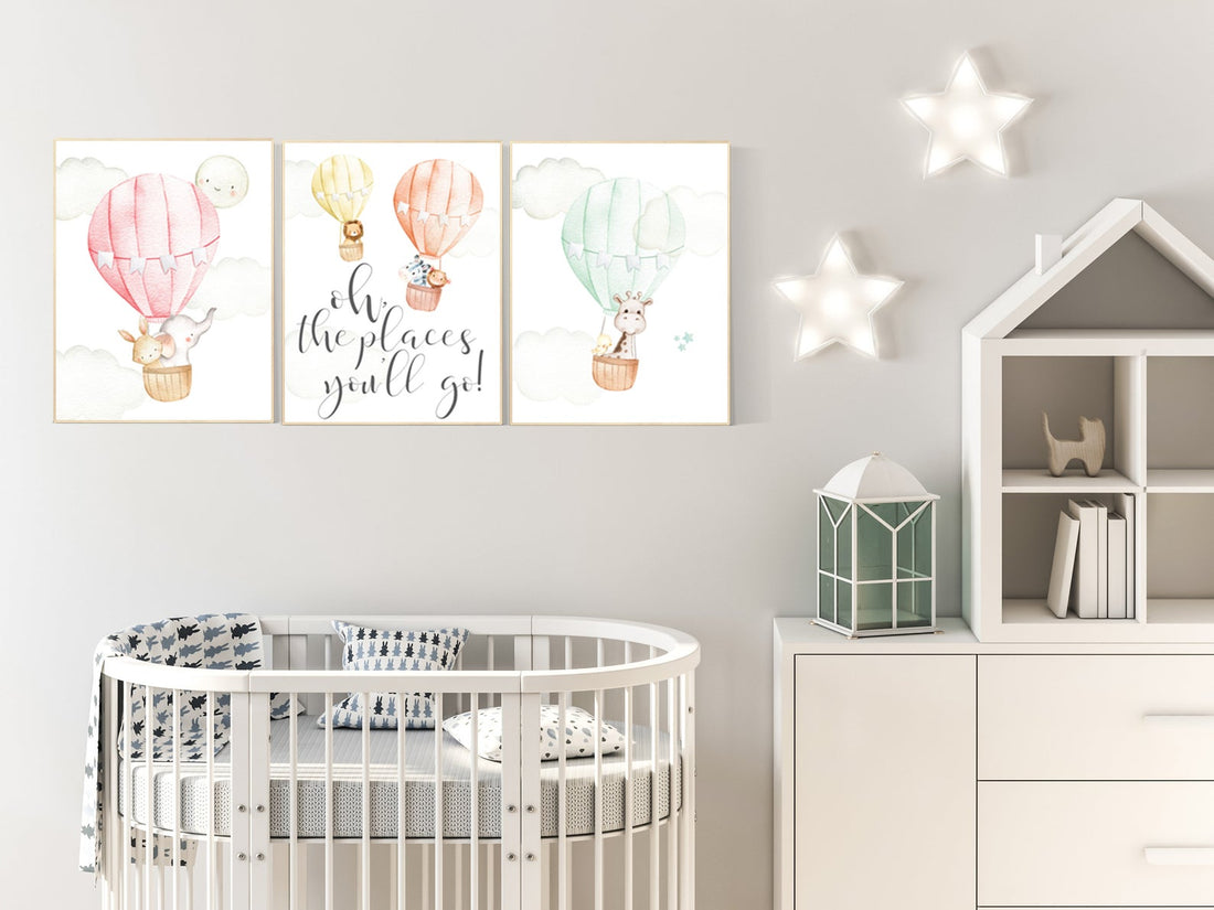Nursery decor animals, hot air balloon, elephant giraffe, bear, gender neutral, nursery decor twins