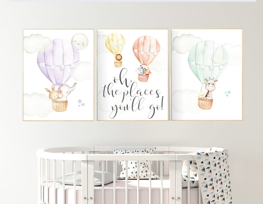 Nursery decor animals, hot air balloon, elephant giraffe, bear, gender neutral, nursery decor twins
