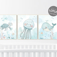 Under the sea wall art, Ocean nursery decor, Nautical nursery print set, under the sea nursery