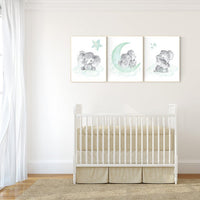 Elephant nursery art, elephant nursery print, mint nursery decor, cloud stars nursery gender neutral