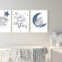 Nursery decor elephant, navy nursery decor, twinkle twinkle little star, moon and stars, navy blue nursery art. baby room, elephant nursery