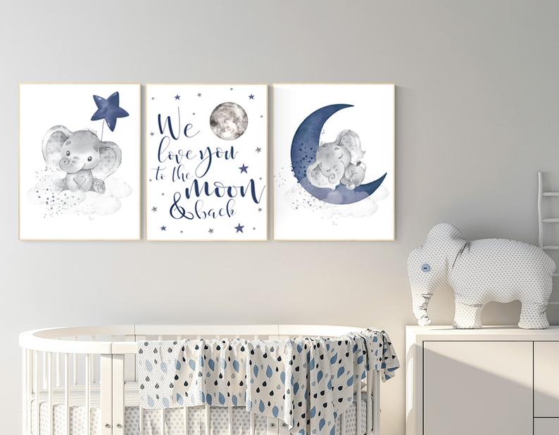 Nursery decor boy elephant, navy nursery decor, we love you to the moon and back, moon and stars