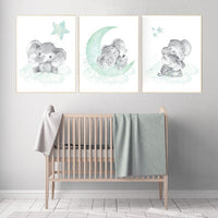 Elephant nursery art, elephant nursery print, mint nursery decor, cloud stars nursery gender neutral