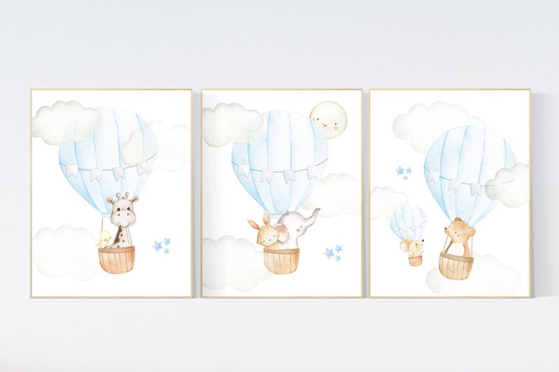 Nursery decor boy adventure, blue nursery, hor air balloon, woodland animals, elephant