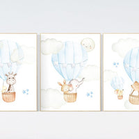 Nursery decor boy adventure, blue nursery, hor air balloon, woodland animals, elephant