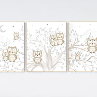 Nursery wall art grey, gray nursery, gender neutral nursery, owl nursery, moon, stars, grey nursery wall decor, baby room art prints