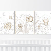 Nursery wall art grey, gray nursery, gender neutral nursery, owl nursery, moon, stars, grey nursery wall decor, baby room art prints