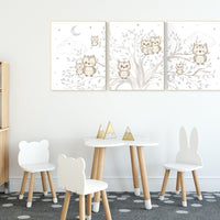 Nursery wall art grey, gray nursery, gender neutral nursery, owl nursery, moon, stars, grey nursery wall decor, baby room art prints