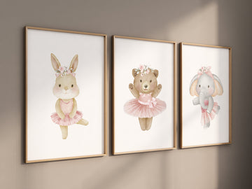 Ballerina animals, baby room decor girl, Elephant nursery, bunny nursery, bear nursery, nursery prints girl, ballet prints, ballet animals