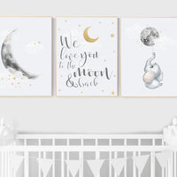 Nursery wall art grey, gray gold nursery, moon nursery, elephant, gender neutral nursery decor, moon