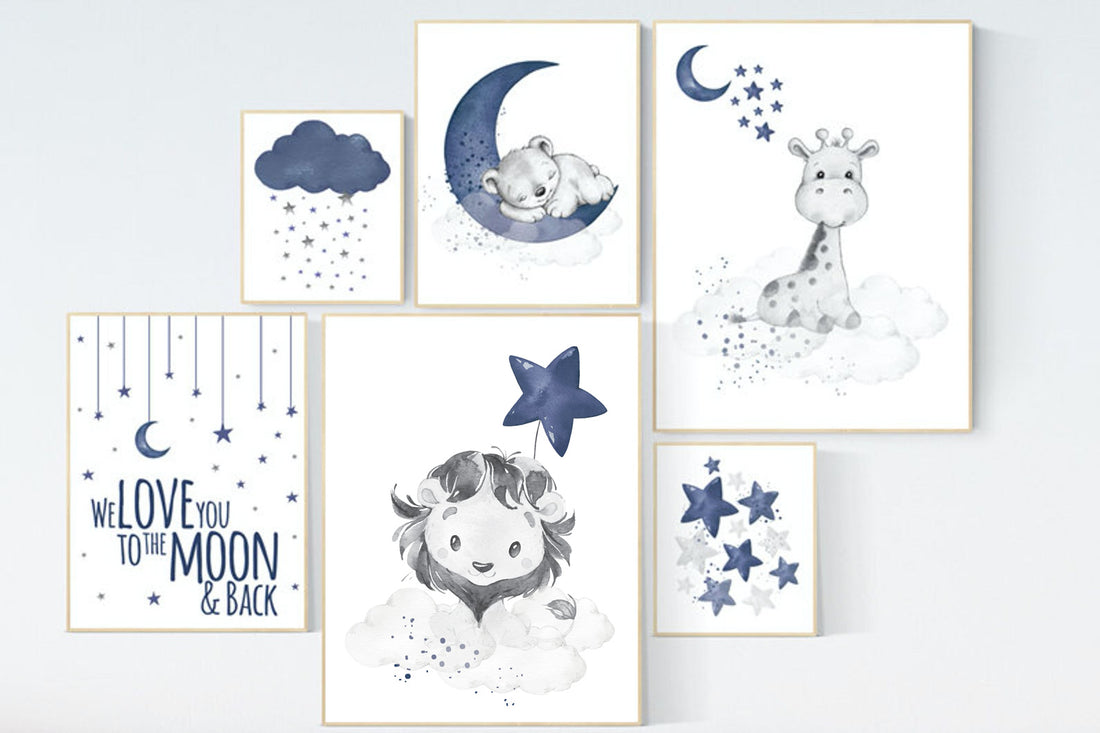 Nursery decor boy lion, bear, giraffe, boy nursery decor, moon and stars, navy blue, boy nursery