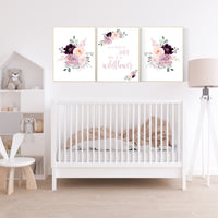 Nursery decor girl purple, mauve, Burgundy, floral nursery, flower nursery, butterfly, nursery print