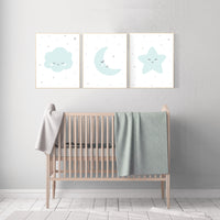 Mint nursery decor, nursery wall art stars, gender neutral nursery, moon and stars , mint green