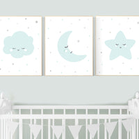 Mint nursery decor, nursery wall art stars, gender neutral nursery, moon and stars , mint green