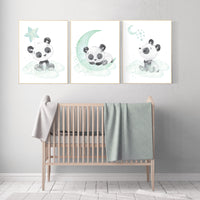 Panda nursery, mint nursery decor, gender neutral prints, mint nursery wall art, panda prints