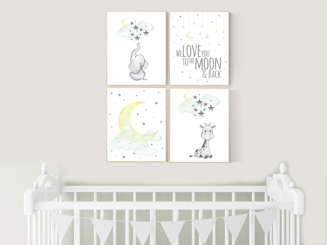 Nursery decor giraffe, elephant, gender neutral, mint yellow, we love you to the moon and back, nursery wall art, moon nursery, mint green