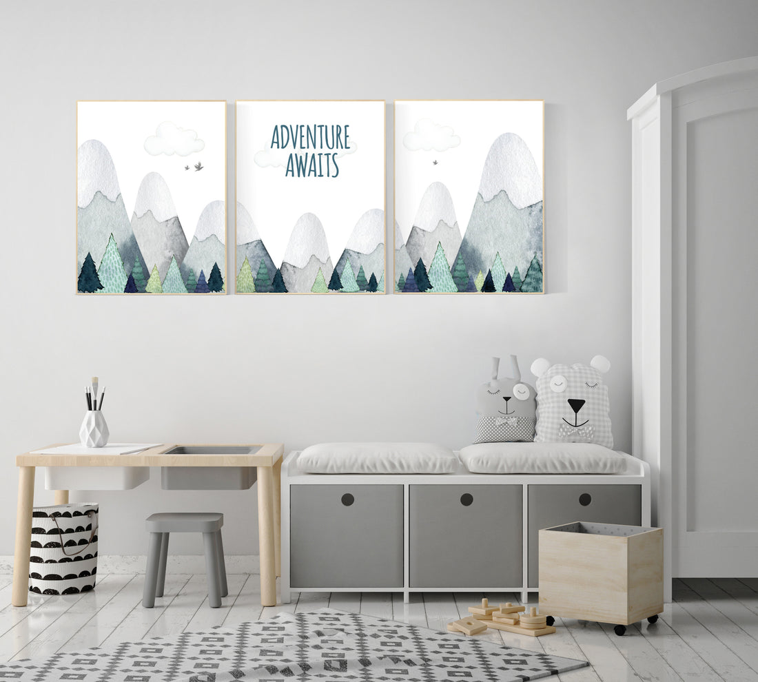 Nursery decor boy mountain, adventure nursery, adventure theme nursery, woodland, gender neutral