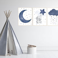 Nursery decor elephant, navy nursery decor, cloud and stars, moon and stars, navy blue nursery art. baby room wall art, elephant nursery