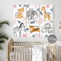 Safari nursery decor, nursery wall art animals, pink navy, safari nursery prints