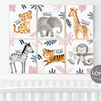 Safari nursery decor, nursery wall art animals, pink navy, safari nursery prints