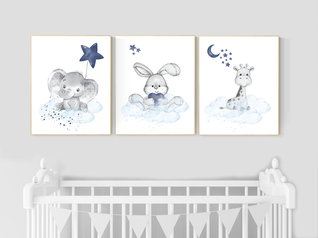 Nursery decor animals, elephant, bunny, giraffe, animal nursery prints, navy blue nursery, baby room