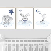 Nursery decor animals, elephant, bunny, giraffe, animal nursery prints, navy blue nursery, baby room