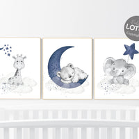 Nursery decor elephant and giraffe, animal nursery prints, navy nursery