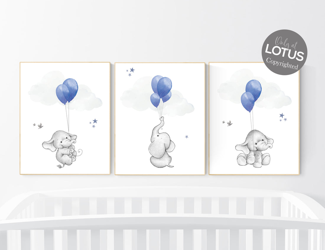 Nursery decor boy elephant, navy nursery wall art, elephant balloon print, navy blue