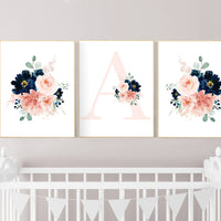 Blush navy flowers, nursery decor girl flower, nursery decor girl floral, blush navy flowers