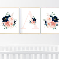 Blush navy flowers, nursery decor girl flower, nursery decor girl floral, blush navy flowers