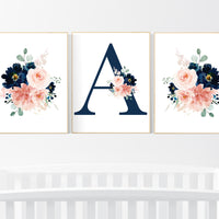 Blush navy flowers, nursery decor girl flower, nursery decor girl floral, blush navy flowers