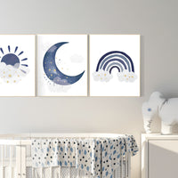 Navy nursery decor, boy nursery wall decor, rainbow nursery, cloud and stars, moon and stars, navy