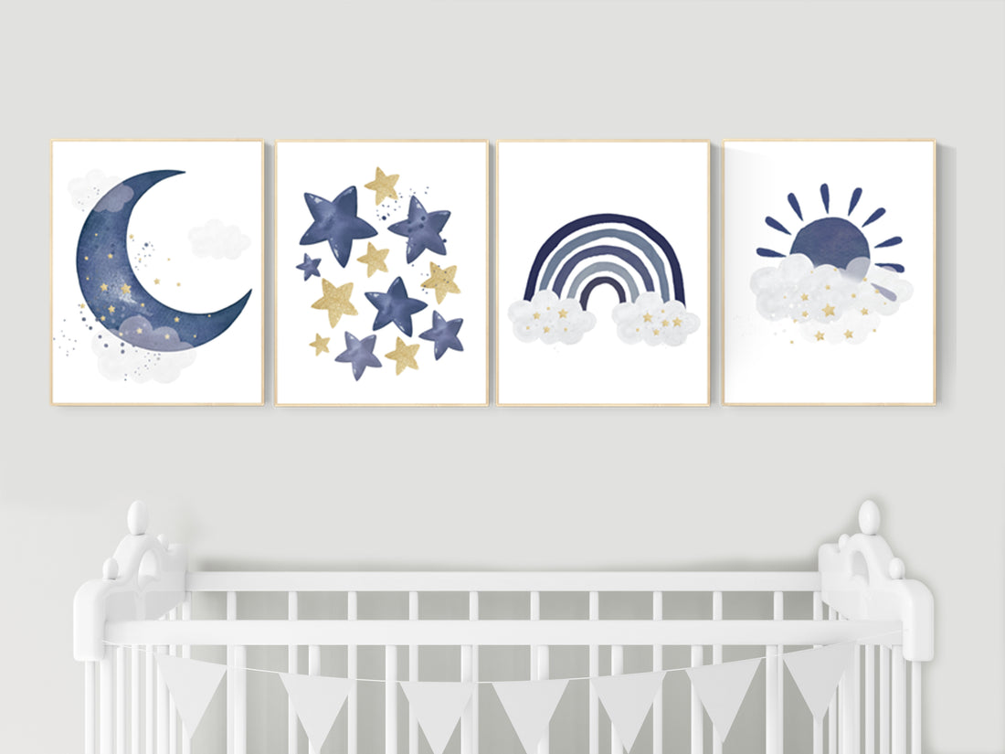 Navy gold nursery decor, boy nursery decor, rainbow, moon and stars, navy and gold