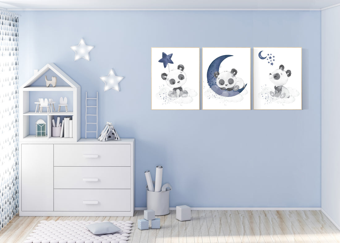 Navy nursery decor, panda nursery, moon and stars, navy blue nursery art, baby room wall art
