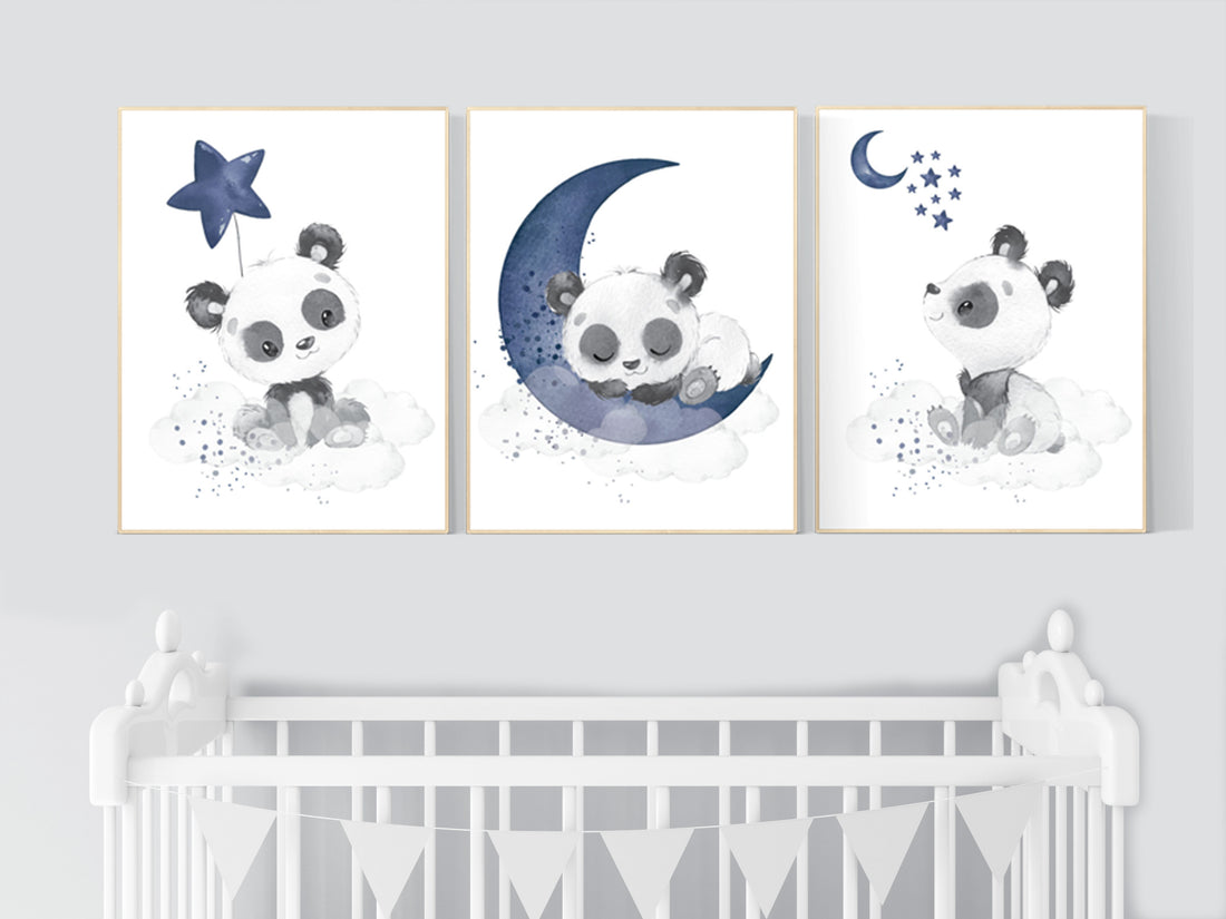 Navy nursery decor, panda nursery, moon and stars, navy blue nursery art, baby room wall art