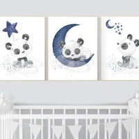 Navy nursery decor, panda nursery, moon and stars, navy blue nursery art, baby room wall art