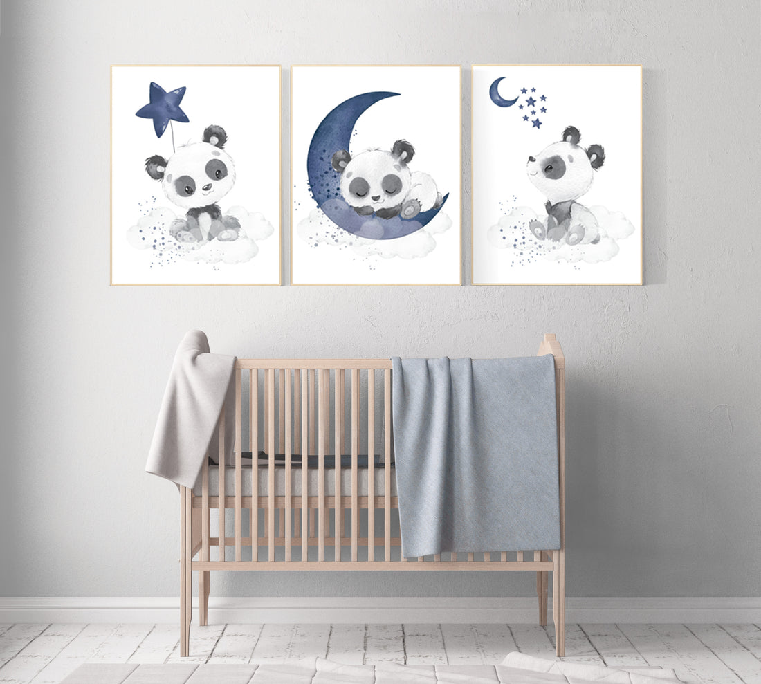 Navy nursery decor, panda nursery, moon and stars, navy blue nursery art, baby room wall art