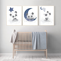 Navy nursery decor, panda nursery, moon and stars, navy blue nursery art, baby room wall art