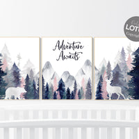 Mountain wall art, tree nursery decor, adventure theme nursery, forest, navy and blush