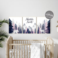 Nursery decor woodland, mountain wall art, tree nursery decor, navy and pink