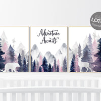 Nursery decor woodland, mountain wall art, tree nursery decor, navy and pink