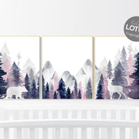 Mountain wall art, tree nursery decor, navy and pink nursery, baby room decor
