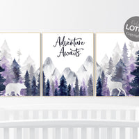 Adventure theme nursery, forest nursery, navy and purple nursery, woodland nursery