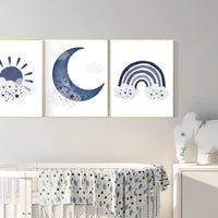 Navy nursery decor, boy nursery wall decor, rainbow nursery, cloud and stars, moon and stars, navy