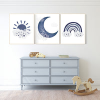 Navy nursery decor, boy nursery wall decor, rainbow nursery, cloud and stars, moon and stars, navy